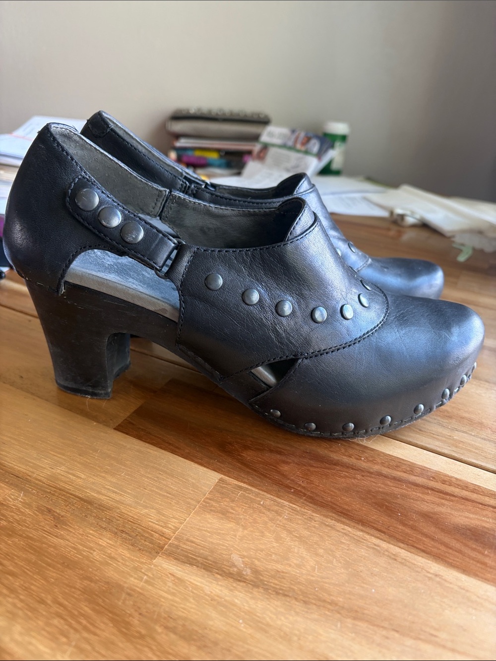 Dansko Black Studded Leather Heeled Clogs